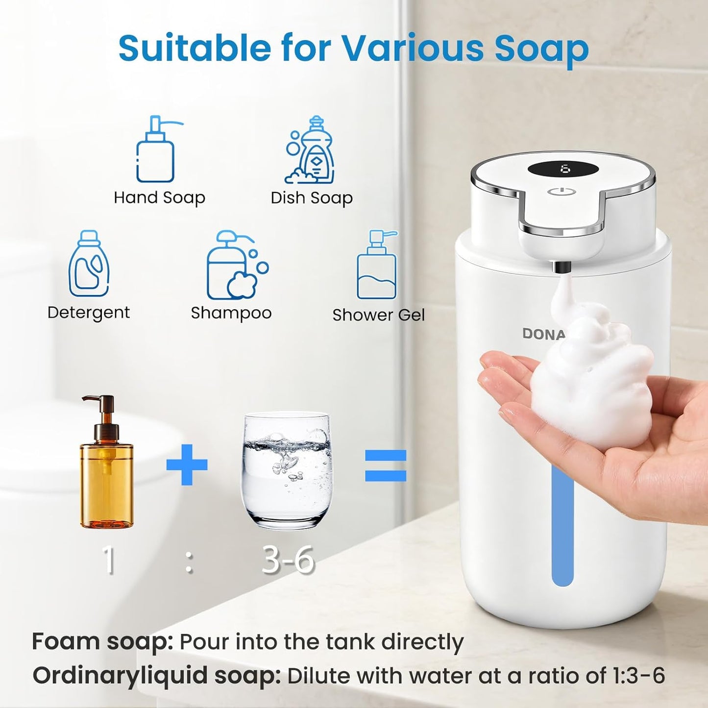 Automatic Foaming Soap Dispenser Touchless, 15oz/420ml USB-C Rechargeable Hand Soap Dispenser, 6-Level Adjustable Foam, IPX5 Waterproof, Wall Mount or Countertop for Bathroom Kitchen, Silver