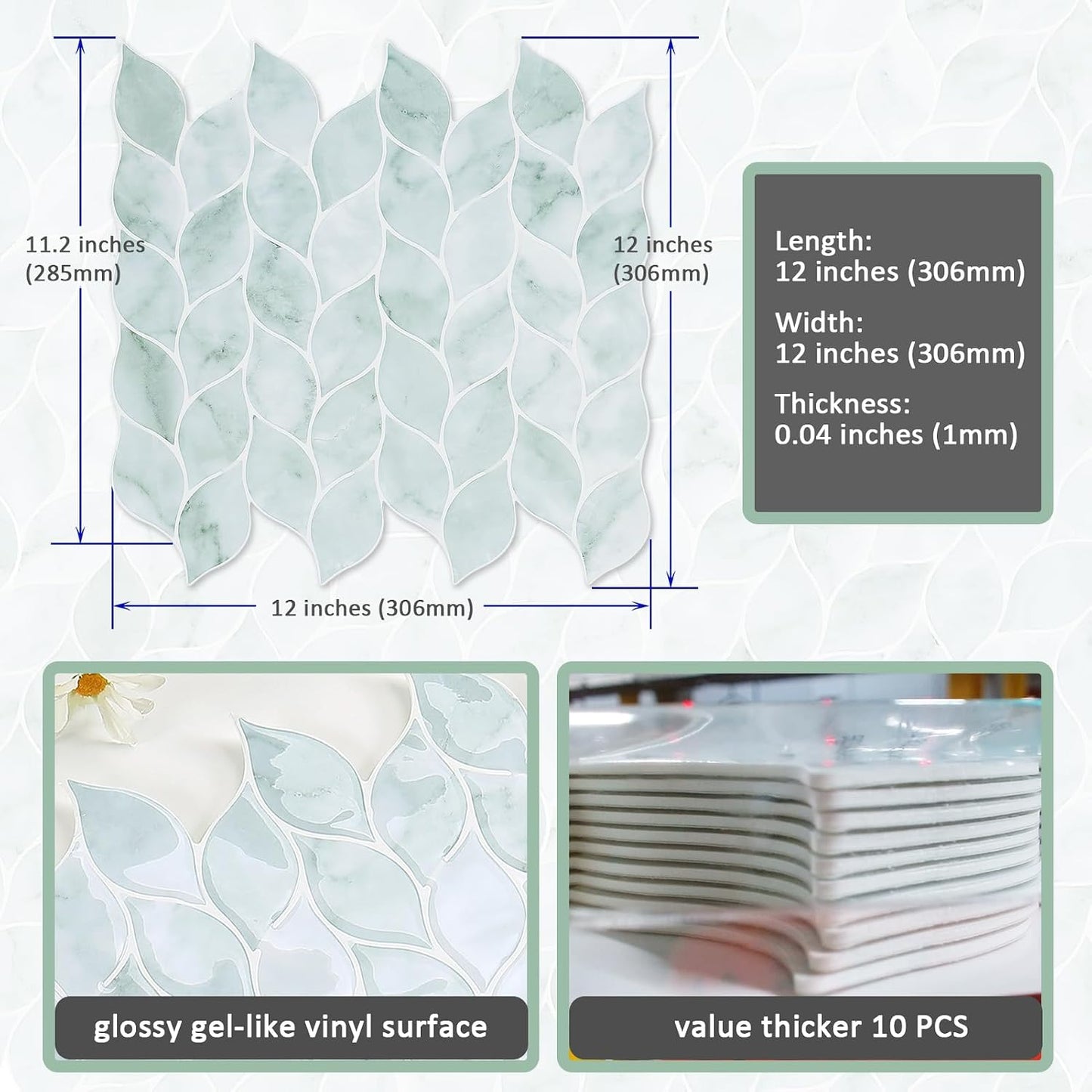 Tilingview 10 Pcs Vinyl Leaf Peel and Stick Tile for Kitchen Backsplash, Premium Self-Adhesive Tiles Plastic Wall Stickers Art Mosaics (Blue Gray)