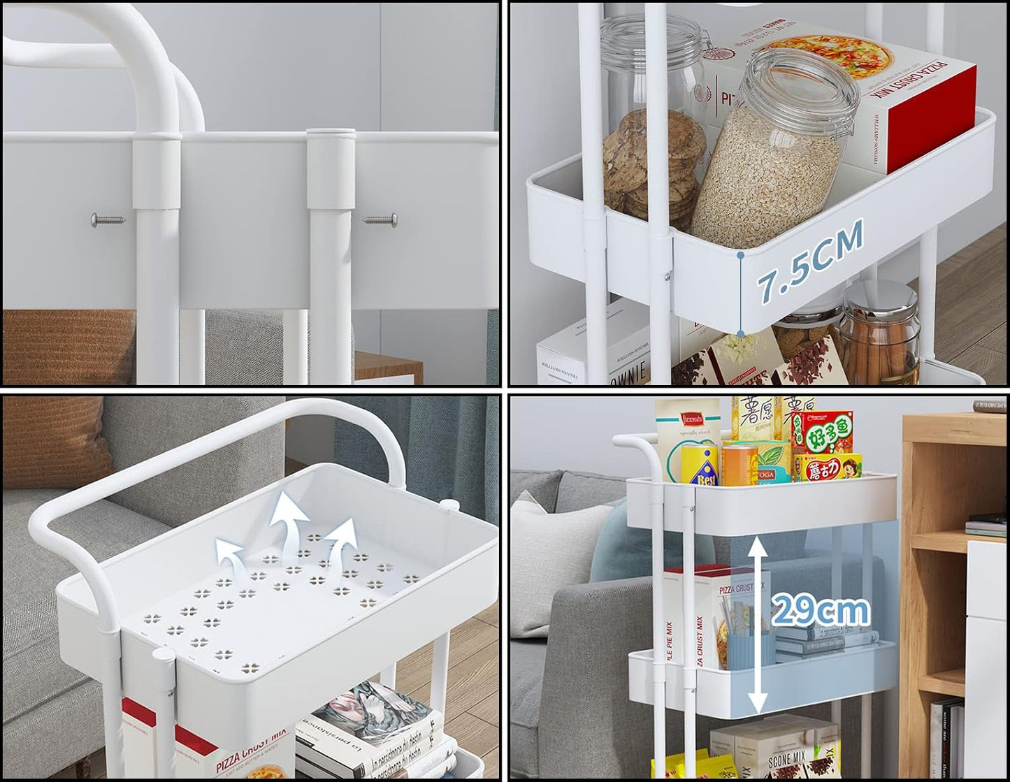 Sooyee 3 Tier Rolling Cart with Wheels, Slim Storage Cart, Under Desk Narrow Rolling Utility Cart Storage Organizer for Office Bathroom Kitchen Laundry Room Narrow Places, White, Plastic and Metal
