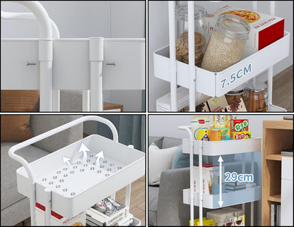 Sooyee 3 Tier Rolling Cart with Wheels, Slim Storage Cart, Under Desk Narrow Rolling Utility Cart Storage Organizer for Office Bathroom Kitchen Laundry Room Narrow Places, White, Plastic and Metal