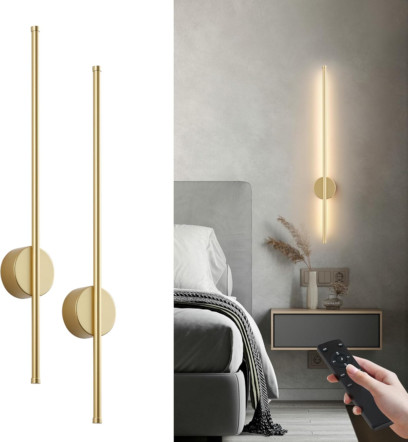 Battery Operated Modern Wall Sconces, Dimmable Wireless Wall Light Set of Two with Remote Control, 3 Color Temperatures, Rechargeable LED Wall Sconce for Bedroom, Living Room, Hallway, 23.6 Inch Brass