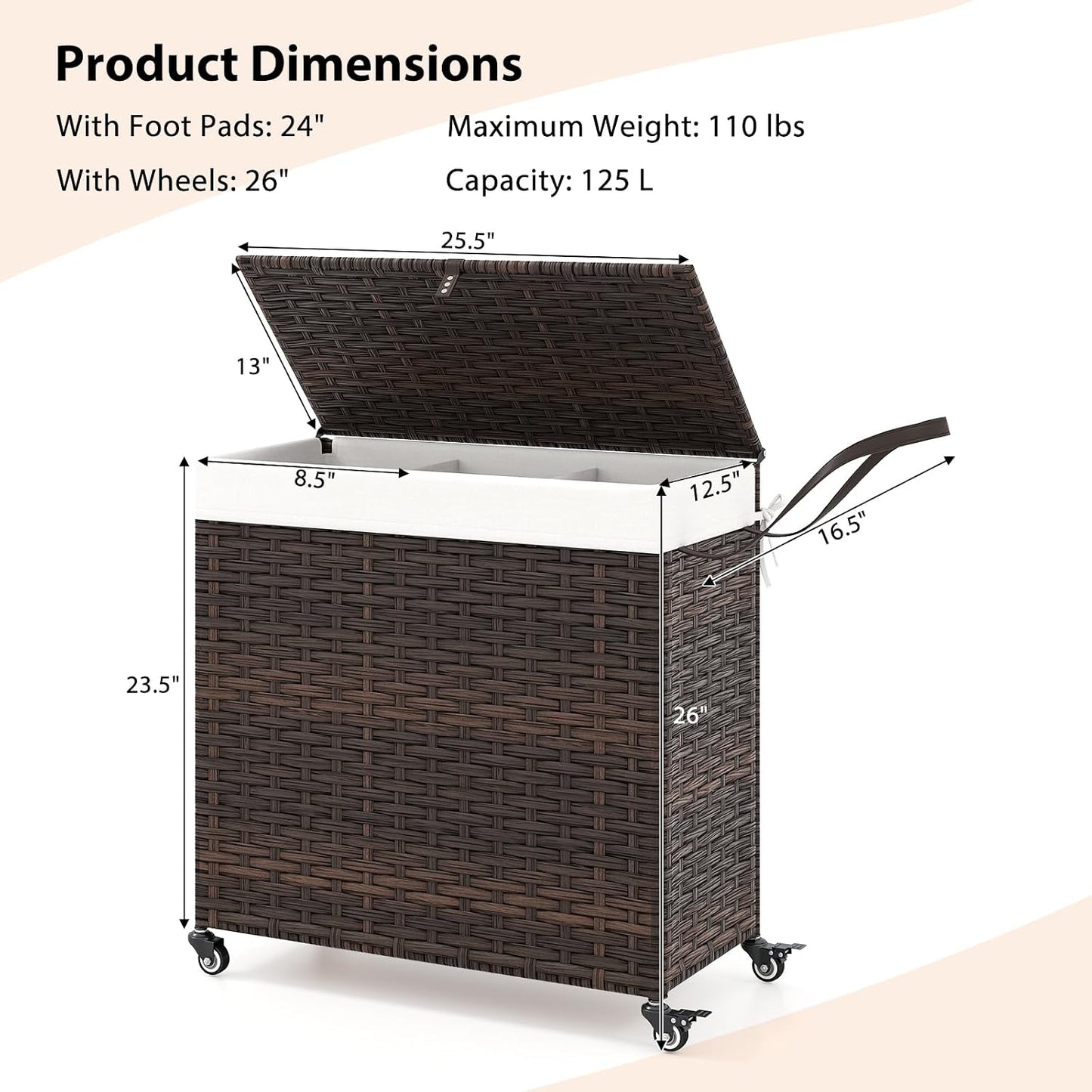 Giantex Laundry Hamper w/Wheels, 3 Section Hamper 125L w/2 Removable Liner Bags, Handwoven Rattan Divided Laundry Basket w/Lid and Handle for Laundry Sorter for Bathroom Bedroom (Brown)