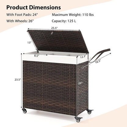 Giantex Laundry Hamper w/Wheels, 3 Section Hamper 125L w/2 Removable Liner Bags, Handwoven Rattan Divided Laundry Basket w/Lid and Handle for Laundry Sorter for Bathroom Bedroom (Brown)