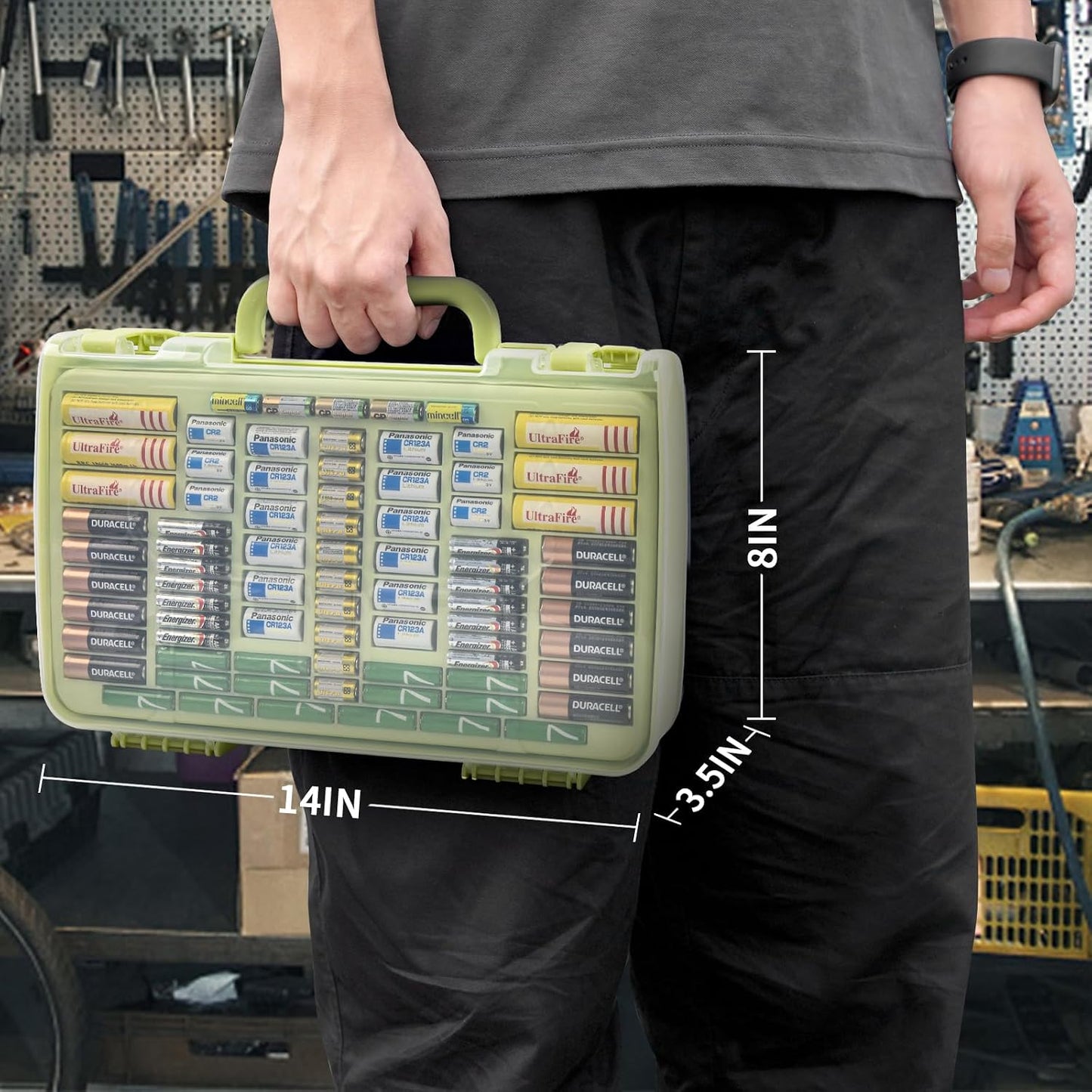 Battery Organizer Storage Case with Tester for 269 Batteries, Double Sides | Plastic, For AA AAA 4A C D Cell 9V 3V LR44 CR2 CR123 CR1632 18650 Button, Wall/Drawer, For Families/DIY/Home/Garage, Grey