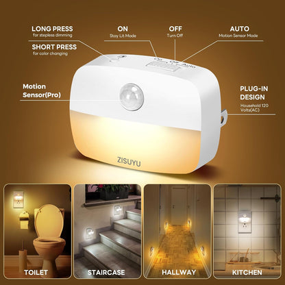 ZISUYU Plug-in LED Night Light with Motion Sensor, 10-60lm Dimmable Nightlight with Multi-Mode & Color-Changing, Ideal for Bedroom, Kitchen, Bathroom, Stairs, Hallway (6 Pack)