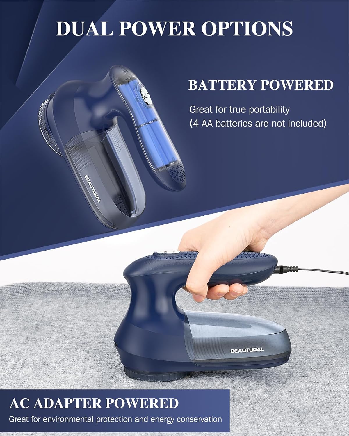 BEAUTURAL Fabric Shaver and Lint Remover, Sweater Defuzzer with 2-Speeds, 2 Replaceable Stainless Steel Blades, Battery Operated, Remove Clothes Fuzz, Lint Balls, Pills, Bobbles Gray