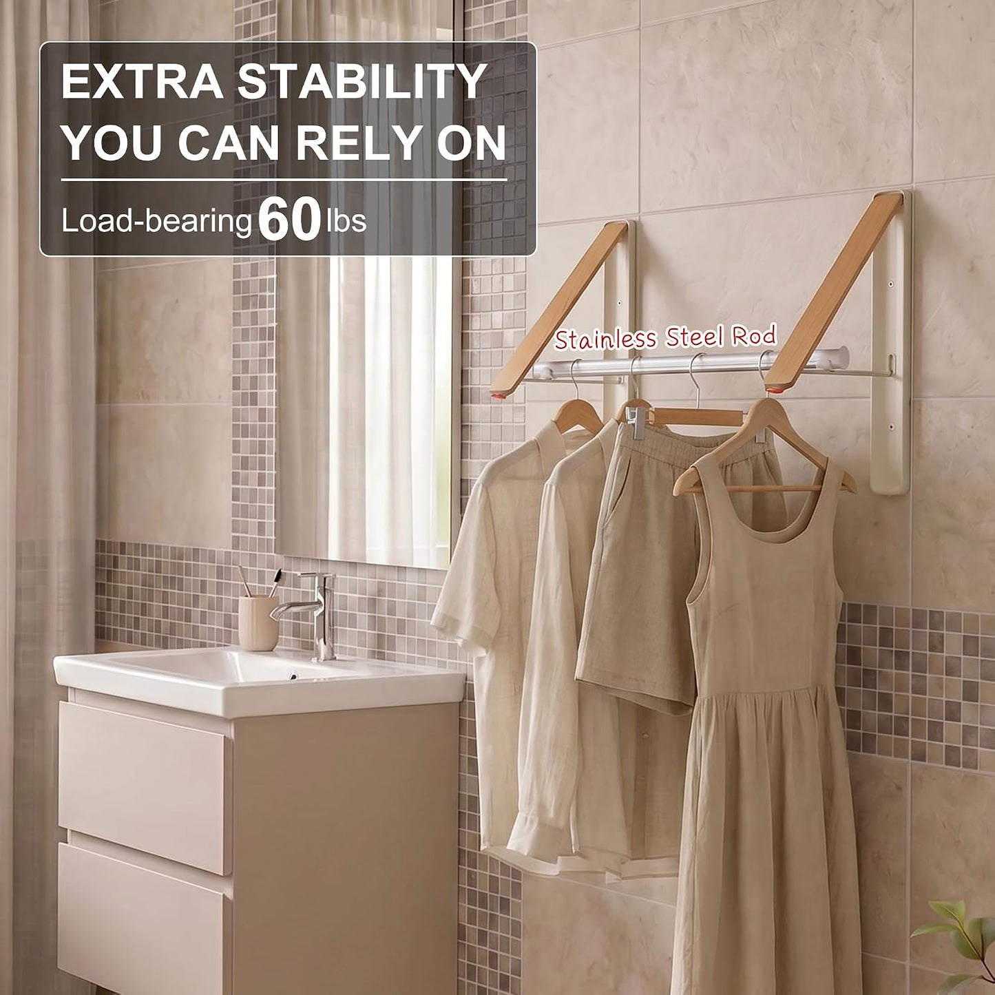 LEQ Clothes Drying Rack Wall Mounted, Foldable Laundry Drying Rack with Wood-Tone Aluminum Frame, Rustproof Retractable Clothes Hanger for Small Laundry Room, Bathroom, Balcony,White