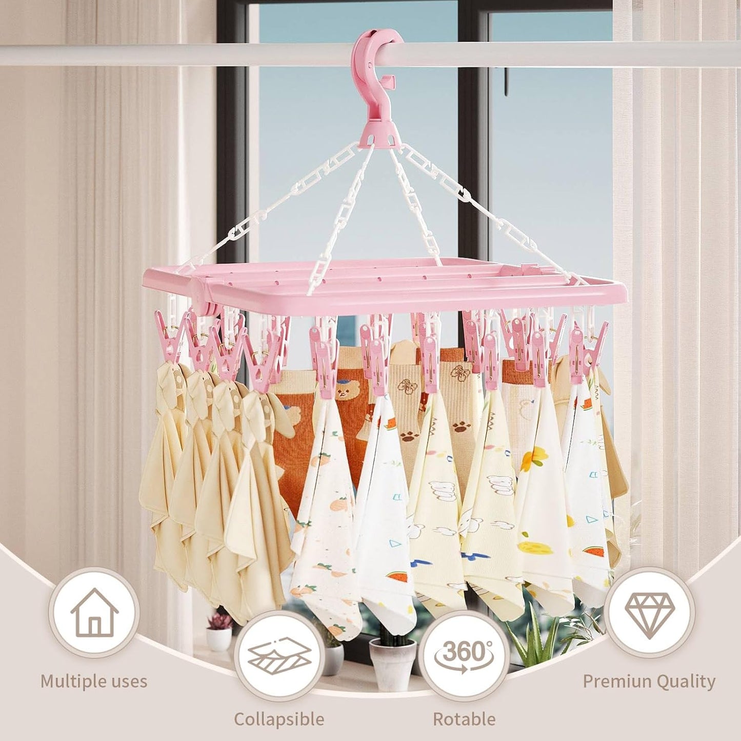 Laundry Drying Rack with 32 Hanger Clips, Foldable Clip Hangers for Drying Socks, Underwear & Towels, Portable Clothes Rack, 360° Rotatable Hook Plastic Baby Hangers (Light Blue)