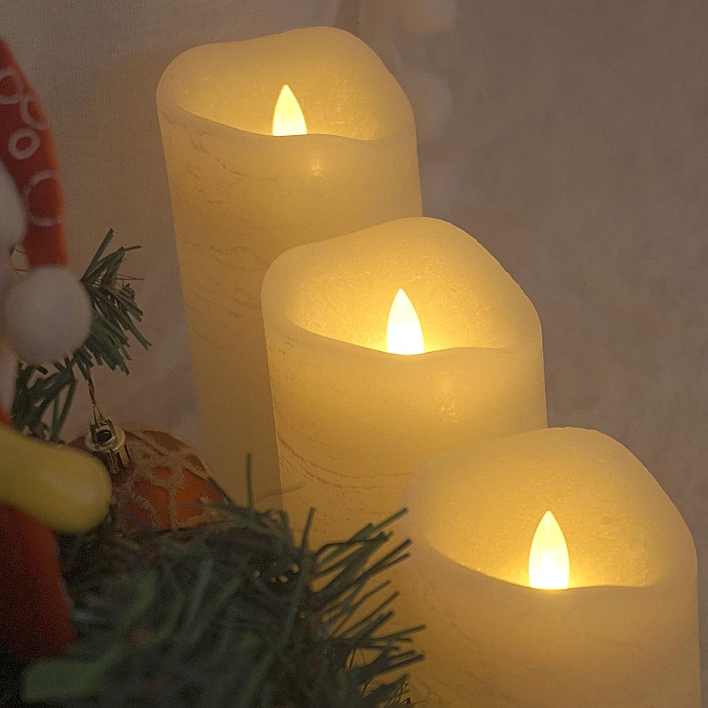 Battery Operated Flameless Candles with Remote Timer Real Wax Realistic Bright Flicker Flickering Electric Electronic LED Pillar Lights Home Wedding Party Decorations Set of 3 Rustic Texture Gray Grey