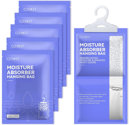 CLEVAST Moisture Absorbers Packets 5 Pack, Dehumidifier Bags for Closet, Unscented Hanging Humidity Absorber in Wardrobes, Bedrooms, Bathrooms(Net Wt. 230g/Pack)