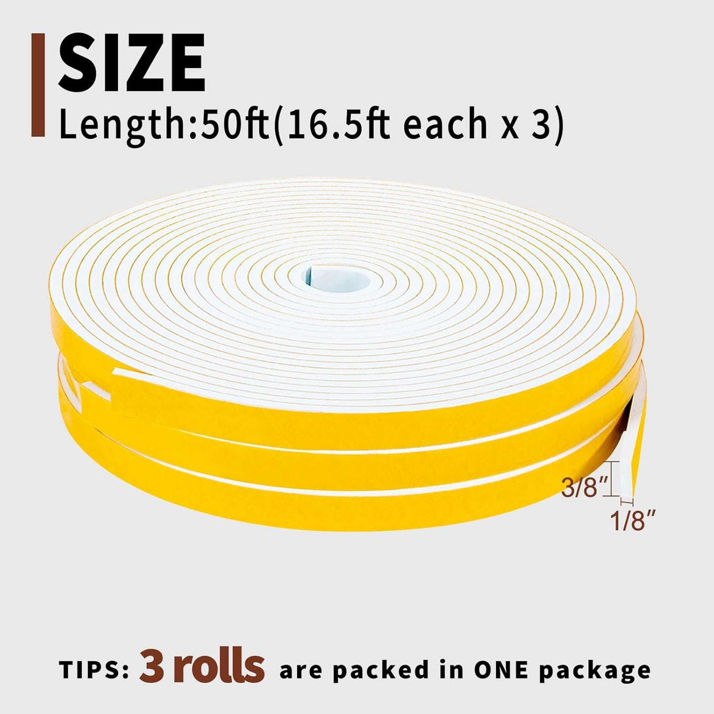 Yotache Weather Stripping Door Seal Strip White 3/8" x1/8", 50Ft Total, Foam Insulation Tape Gasket for Door Frame and Windows, 3 Rolls x 16.5Ft