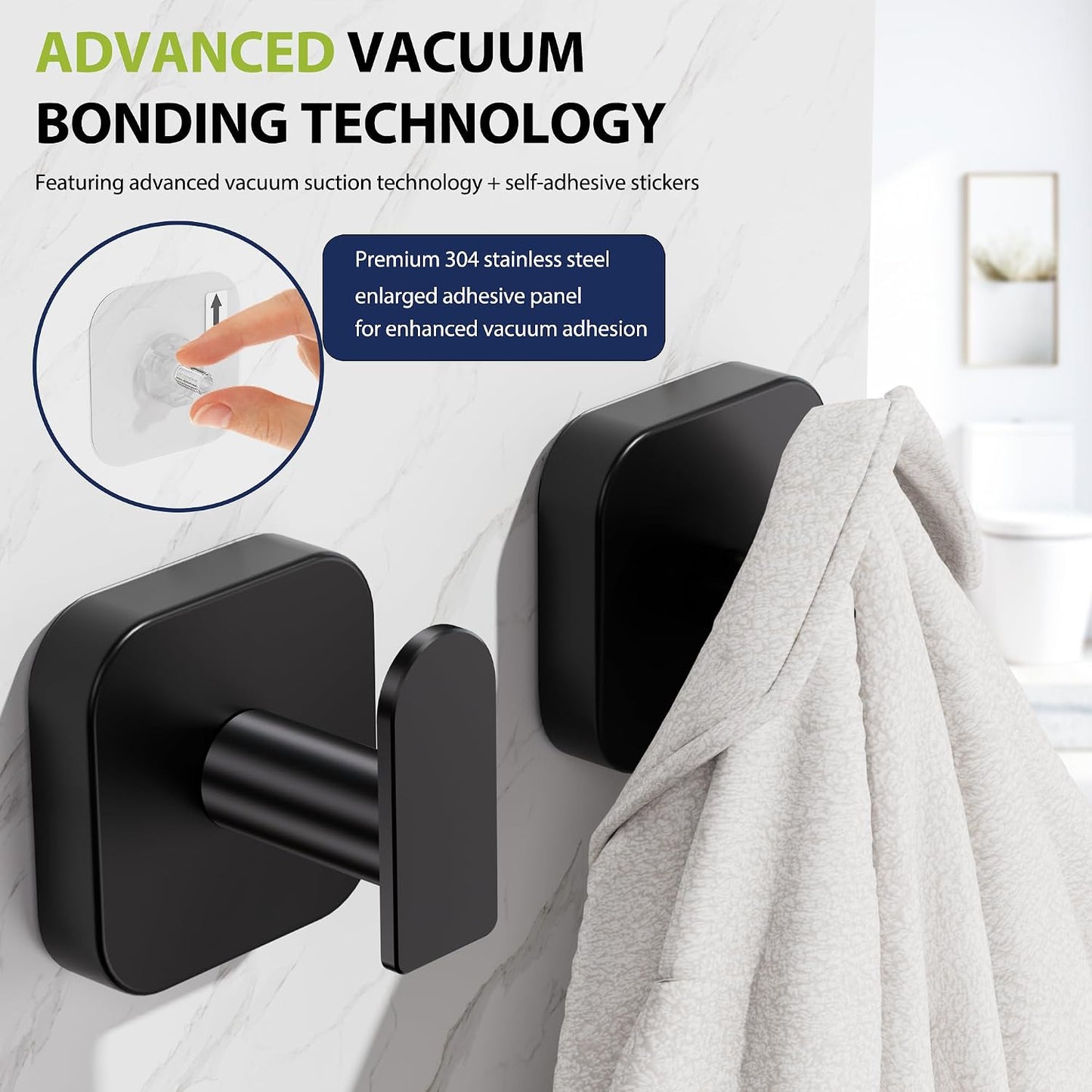 Aikzik Large Heavy Duty Wall Hooks - 26lb Max, Stainless Steel Replaceable Adhesive Towel Hook, Hooks for Hanging Towel, Coat, Sticky Towel Holder Stick on Bathroom, Shower, Kitchen, Black(2 Pack)