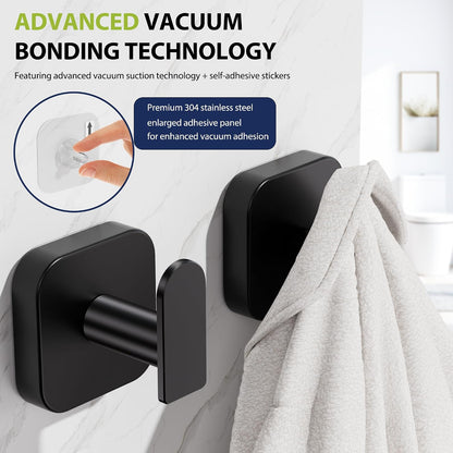 Aikzik Large Heavy Duty Wall Hooks - 26lb Max, Stainless Steel Replaceable Adhesive Towel Hook, Hooks for Hanging Towel, Coat, Sticky Towel Holder Stick on Bathroom, Shower, Kitchen, Black(2 Pack)