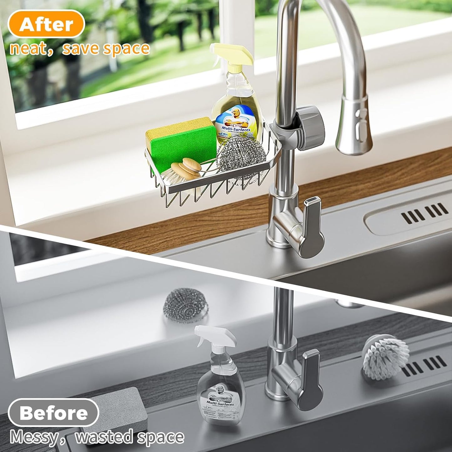 LONIN Stainless Steel Kitchen Sink Organizer Caddy – Over Faucet Sponge & Brush Holder, Rust-Resistant, Adjustable Universal Fit Faucet Rack, Quick Drain Sink Space Saver