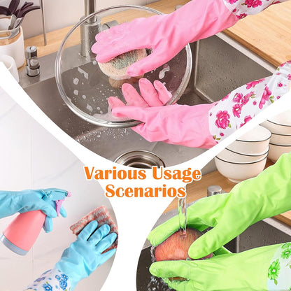 3 Pairs Dishwashing Cleaning Gloves, Reusable Kitchen Long Rubber Gloves with Cotton Lined, Waterproof Non-Slip Latex-Free Household Glove for Laundry Cleaning Working Gardening (Flower)