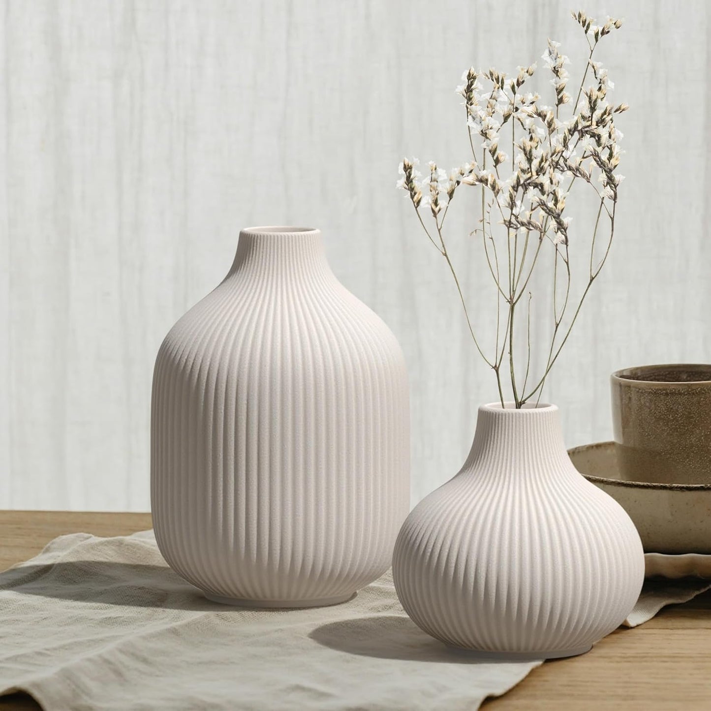 White Ceramic Flower Vases Set of 3, Modern Matte Vertical Ribbed, Nordic Minimalist Decor for Pampas, Dried & Fresh Flowers, Centerpiece for Living Room, Shelf, Entryway, Wedding,Office