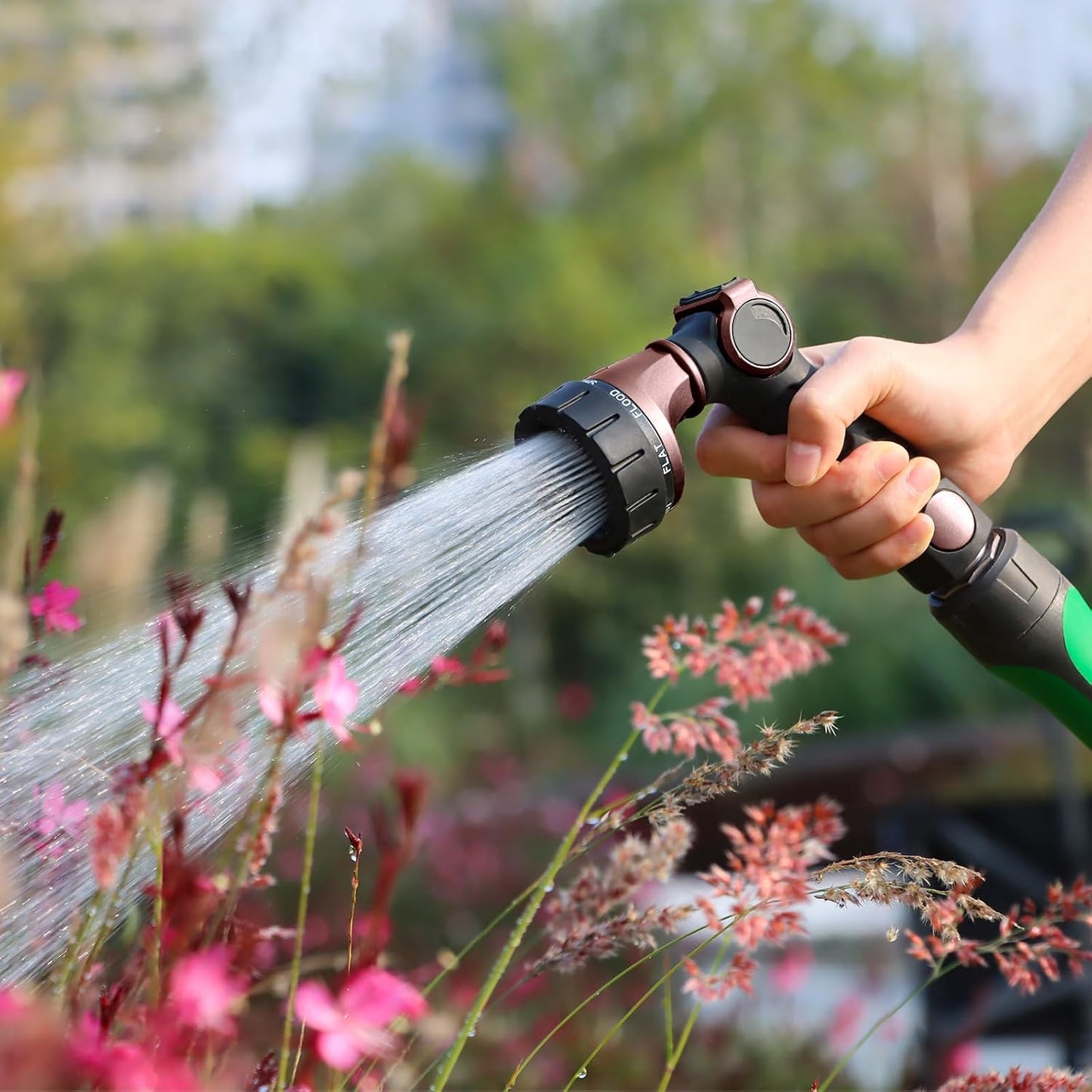 RESTMO Heavy Duty Hose Nozzle, Metal Garden Water Hose Sprayer with 7 Watering Patterns, Thumb Control, On Off Valve, High Pressure Nozzle Sprayer for Watering Plants, Car and Pet Washing, Bronze