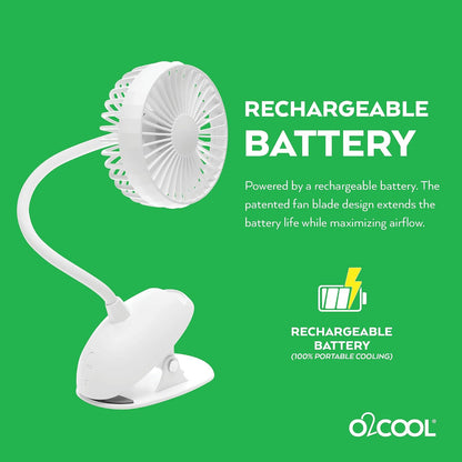 O2COOL Rechargeable USB Battery Clip Fan 5 Inch Adjustable Fan with 3 Speeds, Adjustable Neck, Long Gooseneck, Powerful Clip for Desk, Stroller, and Travel