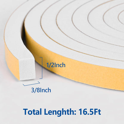 Self Adhesive Foam Tape Weatherstrip 1/2in x 1/4in x 42Ft High Density Foam Insulation Strips Foam Seal Weather Stripping with Strong Adhesive for Door and Window Sound Isolation Soundproofing, White