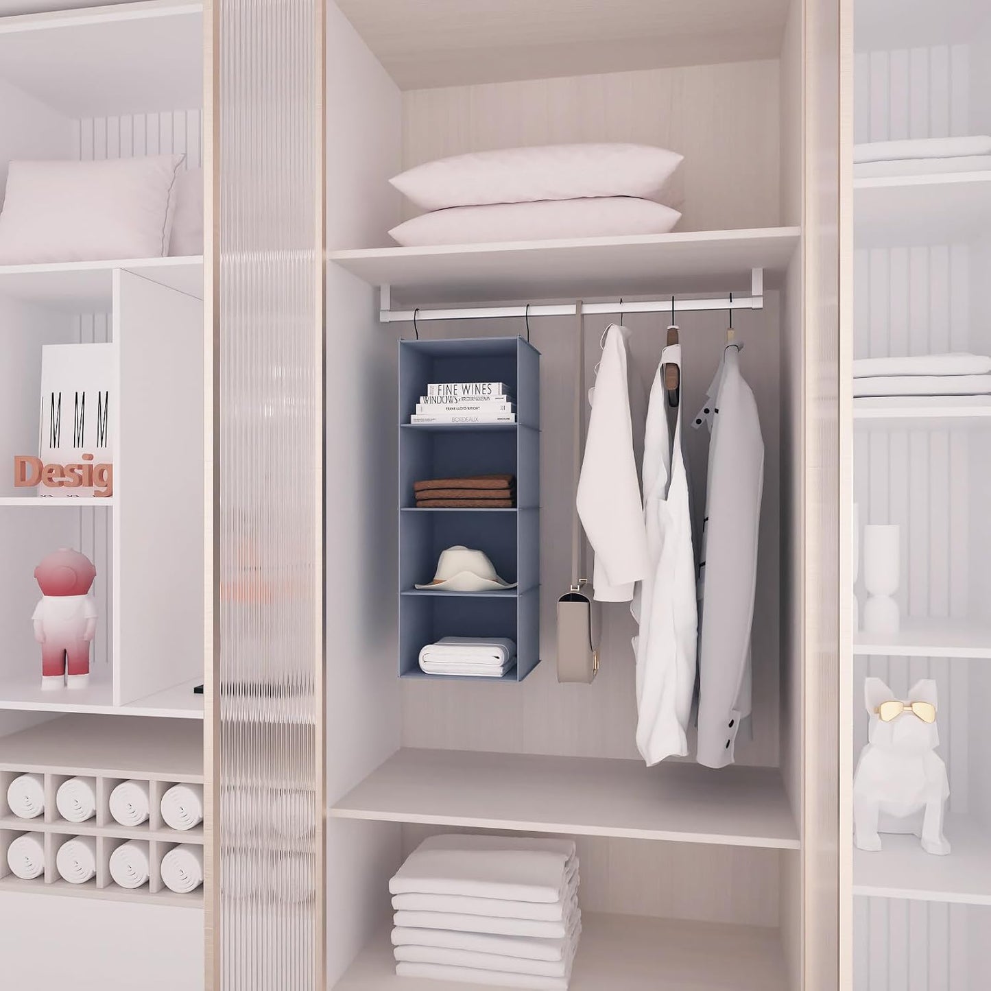 Hanging Closet Organizer 3-Shelf, Oxford Fabric Wardrobe Storage, Gray | Easy-mount foldable design holds clothes, handbags, shoes & accessories; washable Oxford fabric, sturdy and space-saving.