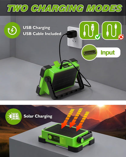 120W Solar Rechargeable Work Light, 144 LED 10000LM Led Work Light with 4 Modes, Portable Flood Light with Stand, IP66 Waterproof Outdoor Working Light for Emergency Mechanic Camping Repair (Yellow)