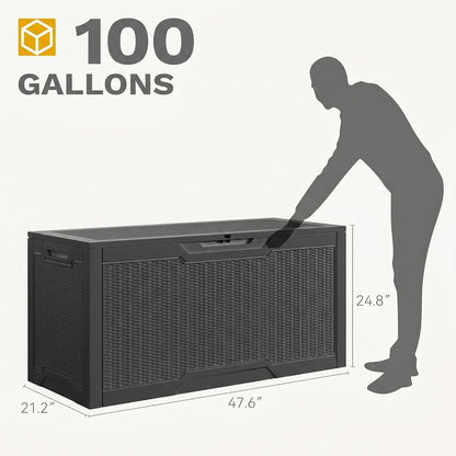 DWVO 100 Gallon Outdoor Storage Box, Large Deck Box Lockable Waterproof and UV Resistant Resin for Gardening Tools, Pool Supplies, Patio Cushions (Black)