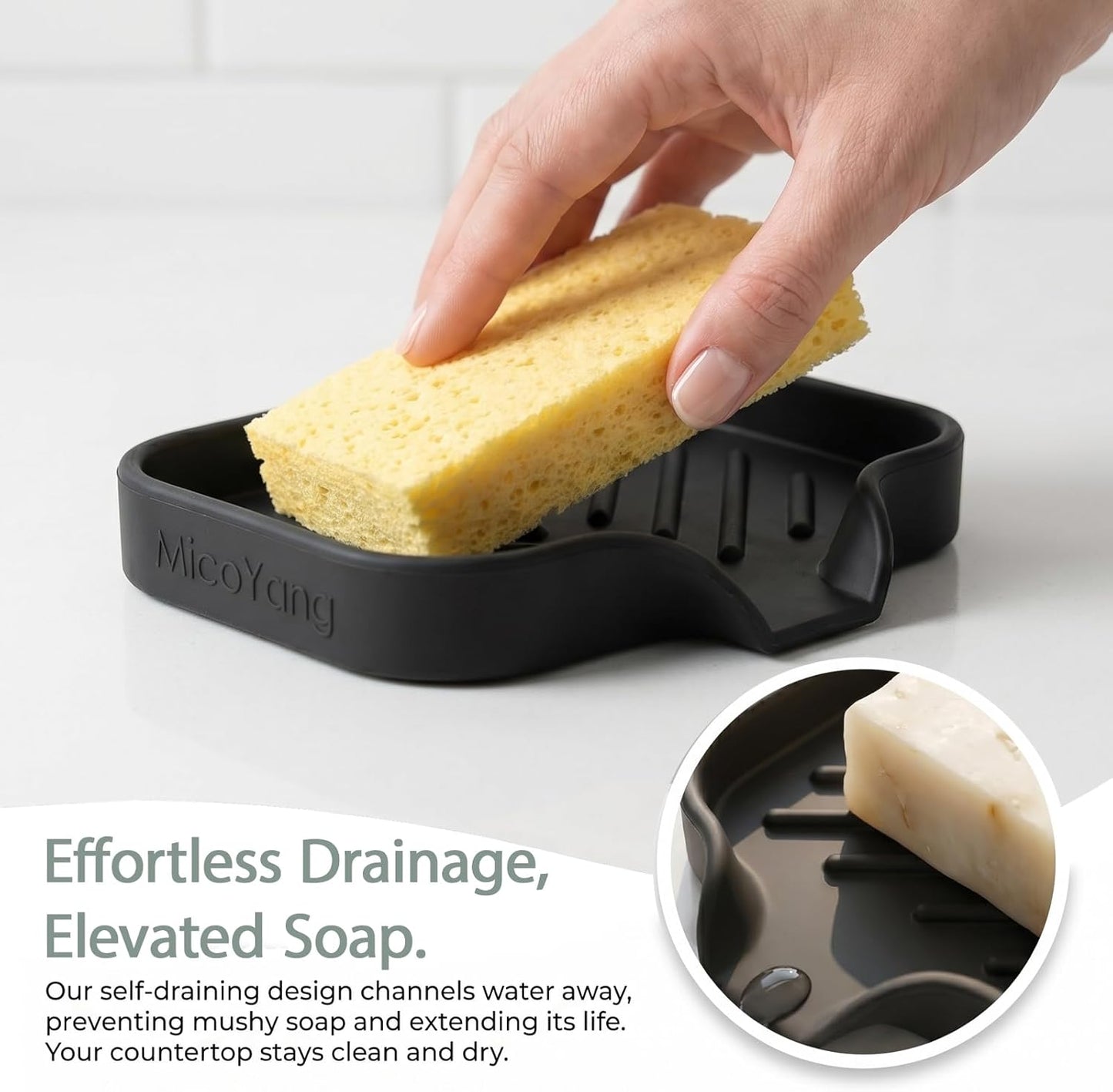 MicoYang Silicone Bathroom Soap Dishes with Drain Spout-Bathroom and Kitchen Sink Organizer,Sponge Holder,Dish Soap Tray,Perfect for Dispenser,Scrubber,Bottle,Cup on Sink or Counter-Coffee 4.9"×3.2"