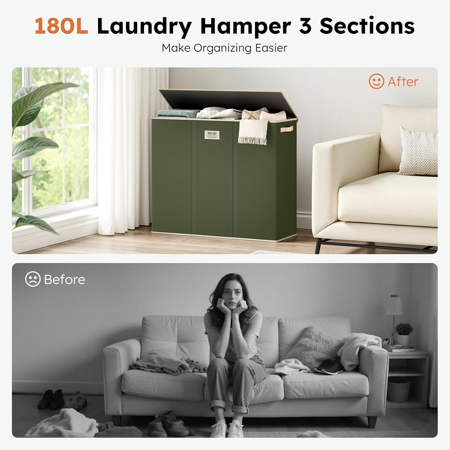SOLEDI 180L Laundry Hamper 3 Section, Extra Large Laundry Hamper with Lid, Dirty Clothes Hamper with Sturdy Handle, Large Laundry Basket Organizer for Laundry Room, Bedroom, Hampers for Laundry