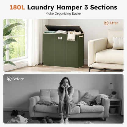 SOLEDI 180L Laundry Hamper 3 Section, Extra Large Laundry Hamper with Lid, Dirty Clothes Hamper with Sturdy Handle, Large Laundry Basket Organizer for Laundry Room, Bedroom, Hampers for Laundry