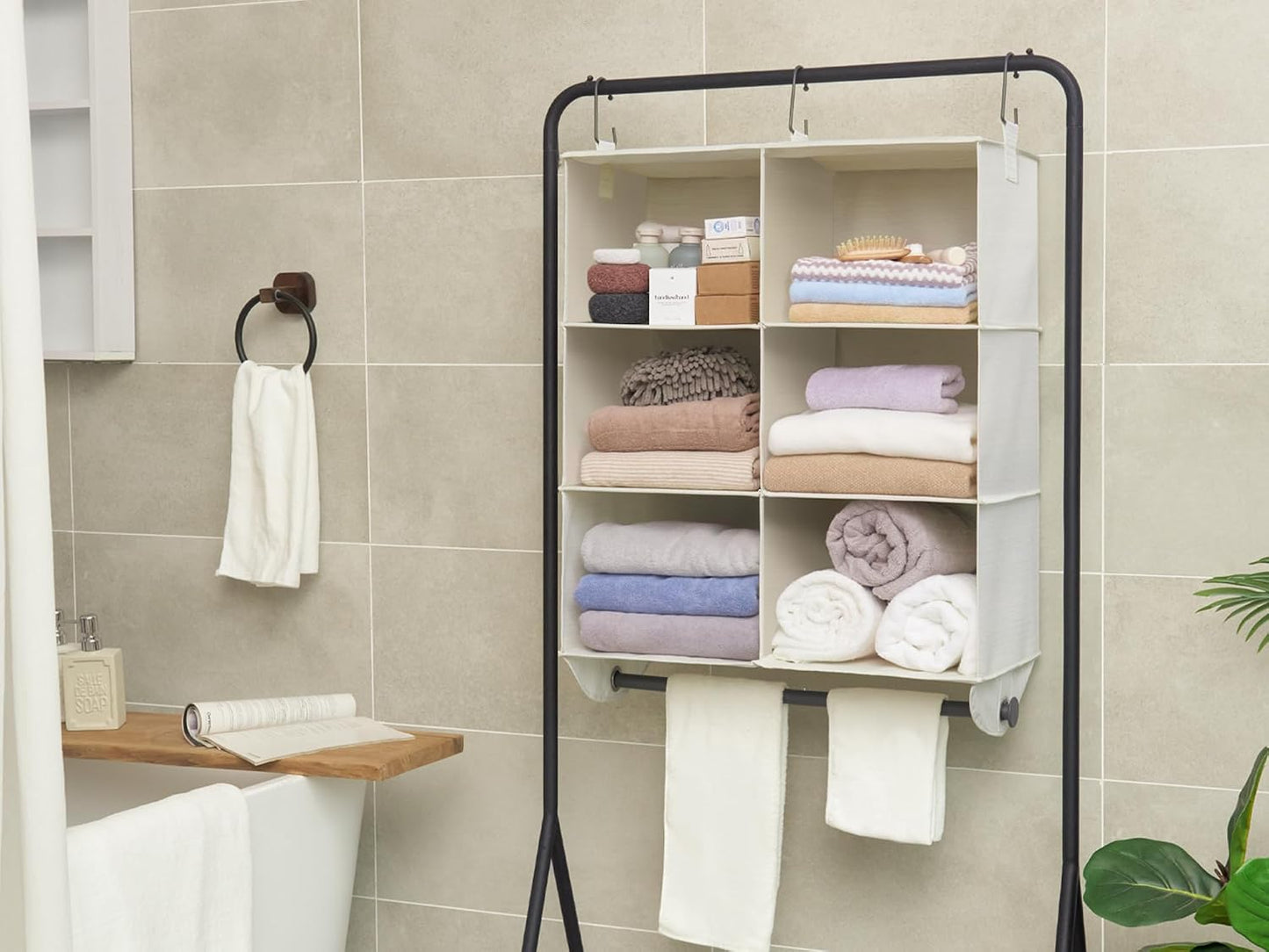 StorageWorks Hanging Closet Organizer with Metal Rod, 4-Section Closet Organizers and Storage, Collapsible Hanging Shelves for Baby Clothes, Shoes, Sweater Storage, Ivory and White