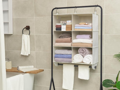 StorageWorks Hanging Closet Organizer with Metal Rod, 4-Section Closet Organizers and Storage, Collapsible Hanging Shelves for Baby Clothes, Shoes, Sweater Storage, Ivory and White