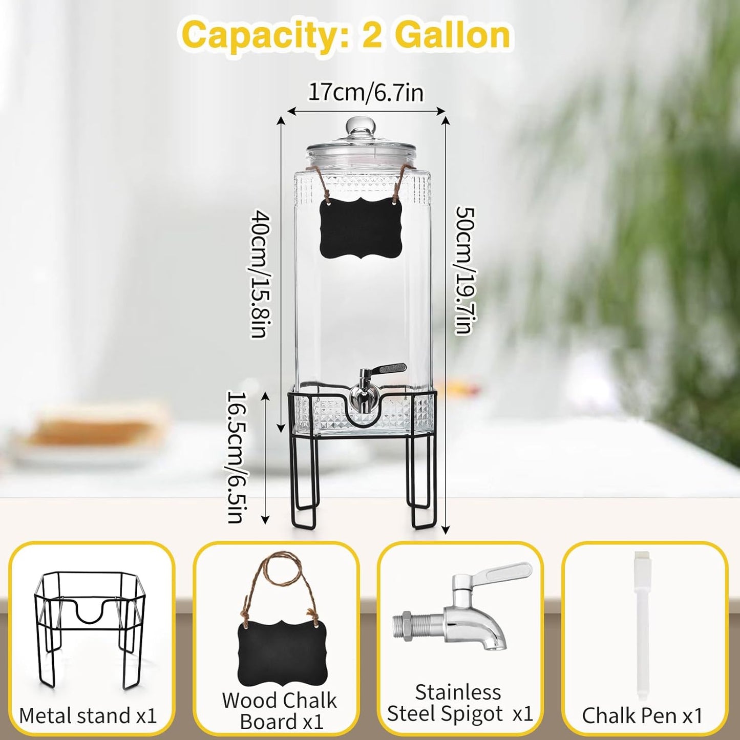 1.5 Gallon Glass Drink Dispenser, Drink Dispensers for Parties, Beverage Dispenser with Stand and Glass Lid, 100% Leakproof Spigot, Ideal for Lemonade, Juice, Iced Tea, Laundry Detergent