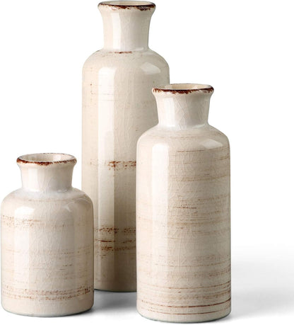 CwlwGO-Small White Ceramic Vase Set,Rustic Flower Vases for Home Décor,Flower Vase,Farmhouse Country Décor,Living Room Centerpiece Table Decorations,Shelf & Mantel Decor.