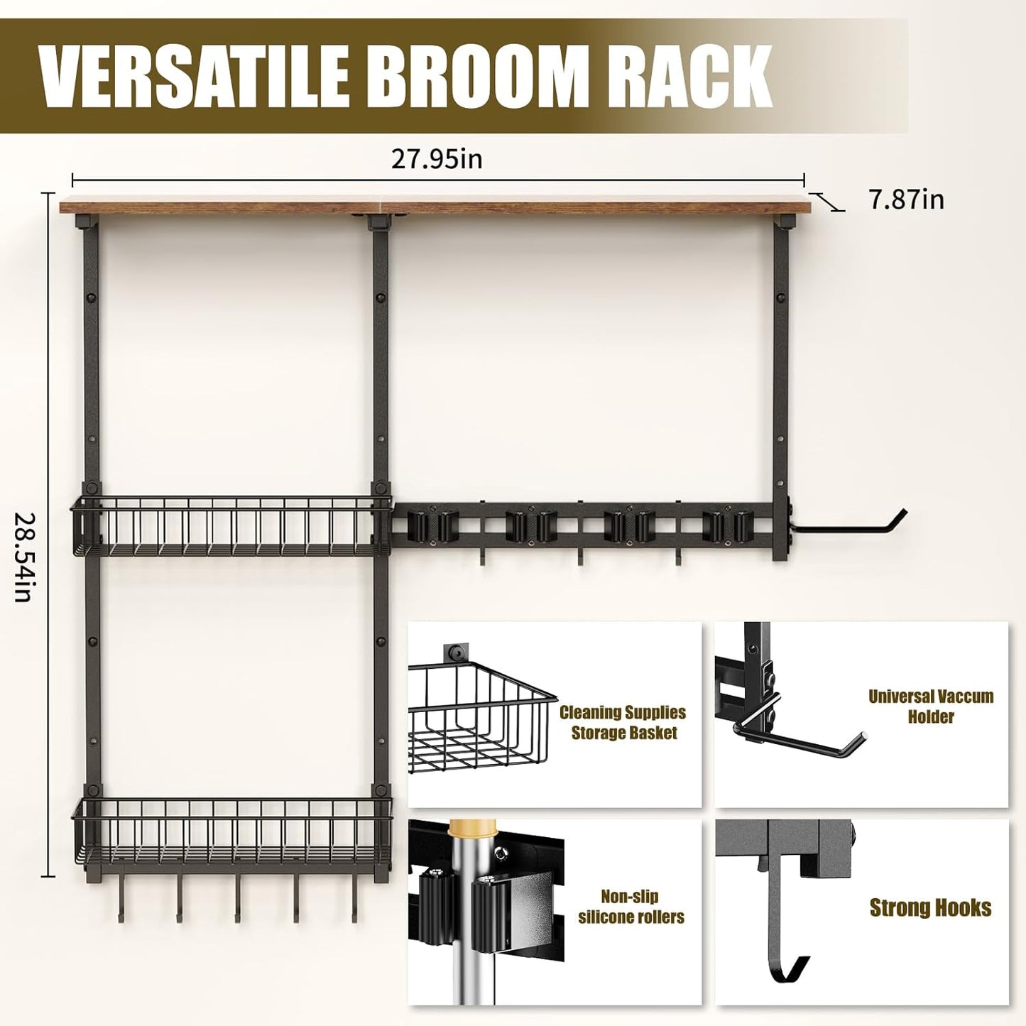 Broom Holder Wall Mount，Mop Rack With Storage Basket,Diversity Laundry Room Cleaning Tool Storage container，Suitable Family Garage Kitchen Organization Wall-Mounted Rack (Black, Medium)
