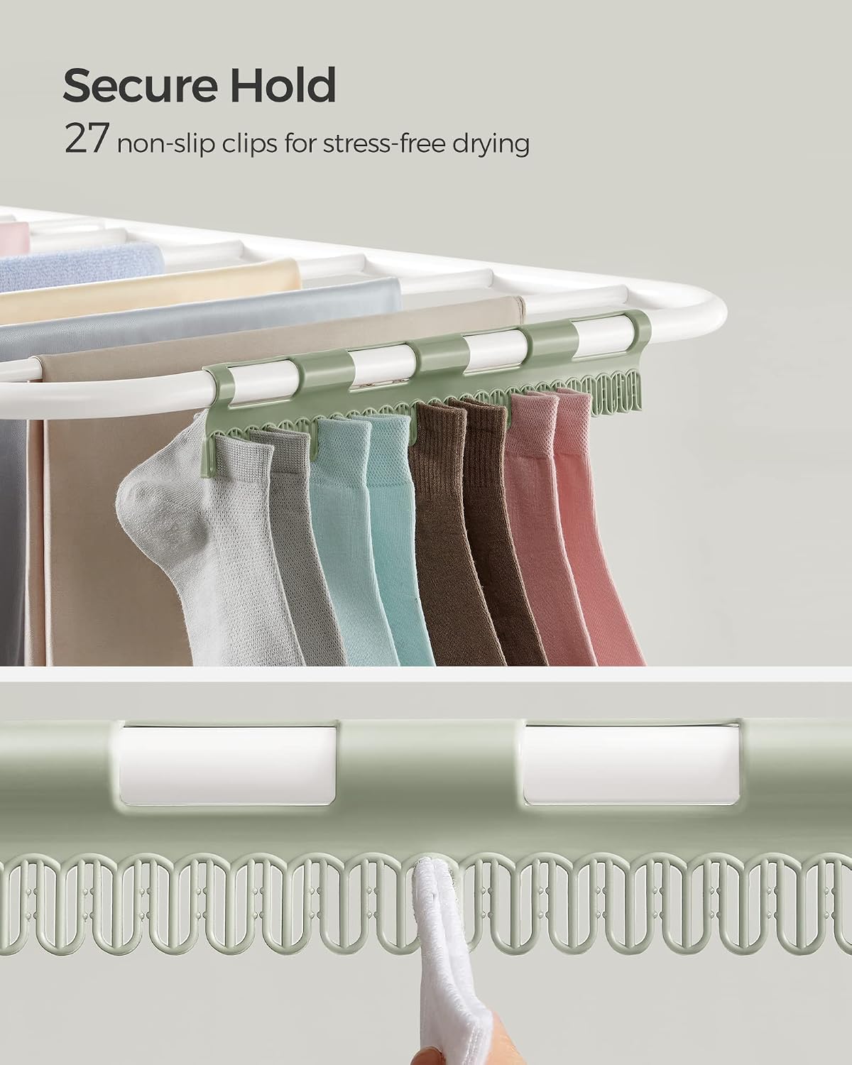 SONGMICS Clothes Drying Rack, Foldable 2-Level Laundry Drying Rack, Free-Standing Laundry Airer, with Height-Adjustable Wings, 33 Drying Rails, Sock Clips, Silver and Blue ULLR53BUV1