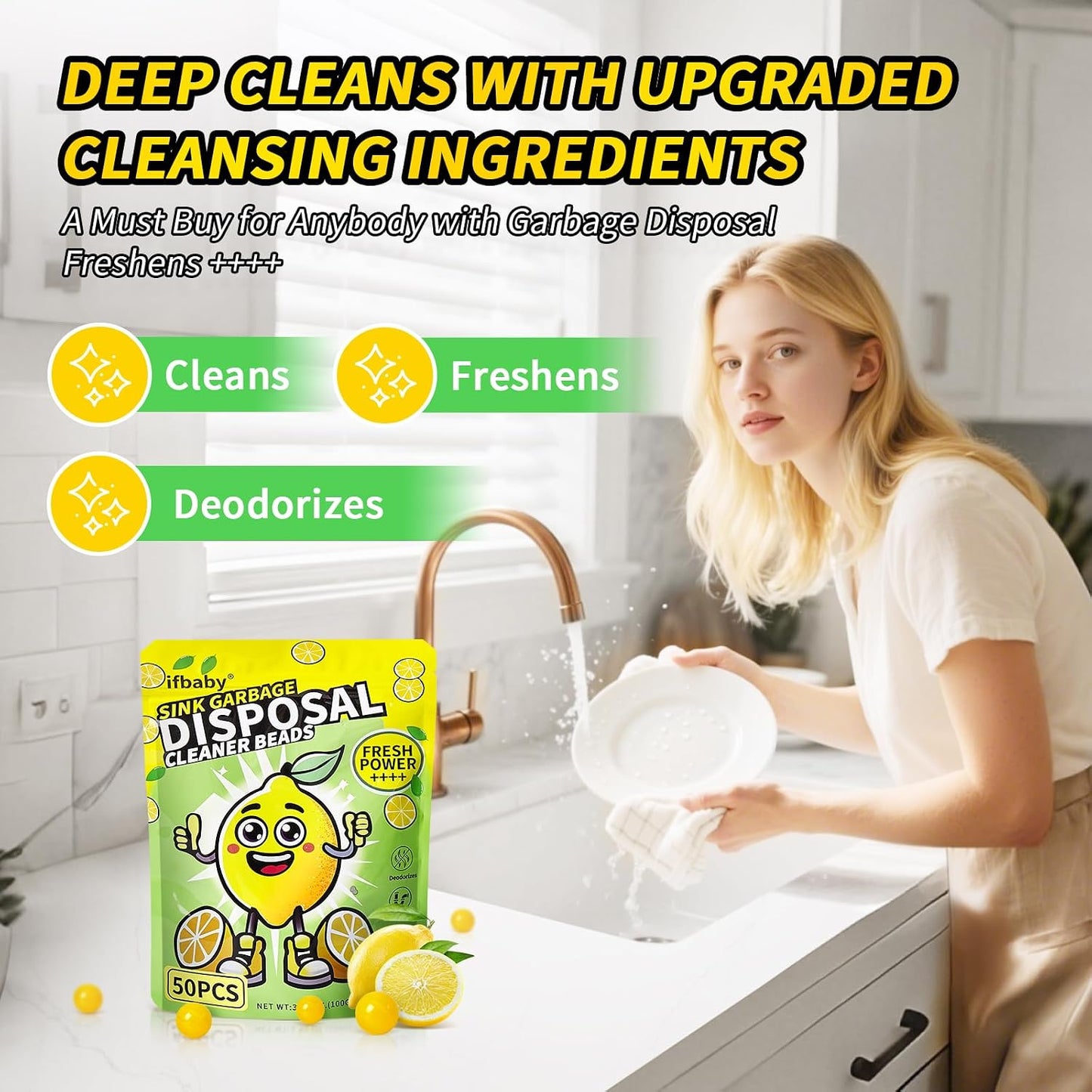 50 Count Garbage Disposal Cleaner and Deodorizer – Sink Odor Eliminator, New Powerful XL Sink Drain Freshener Pods | Dissolves Grease, Eliminates Odors, Lemon Zest Scent