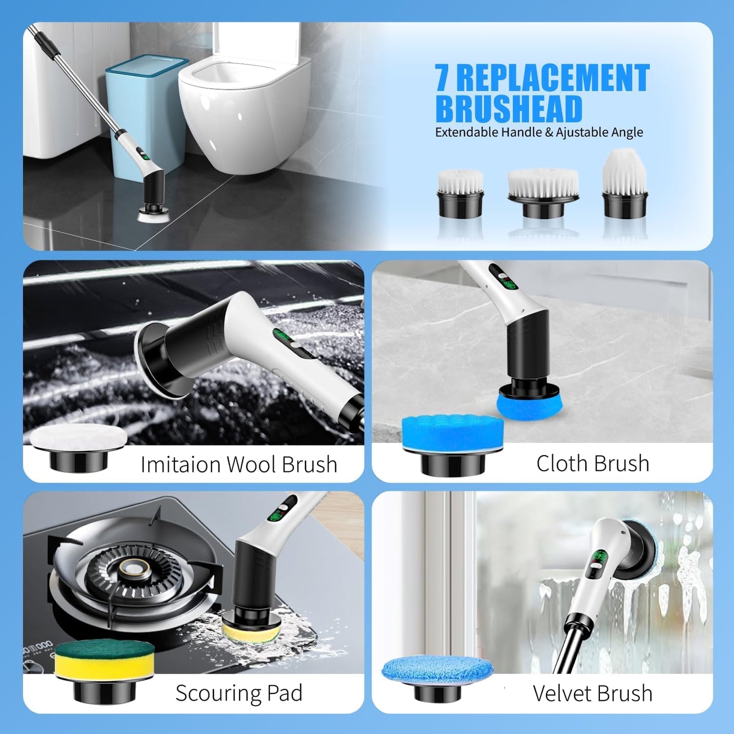 Electric Spin Scrubber, Cordless Power Cleaning Brush with 7 Replaceable Heads, Adjustable Long Handle, & LCD Display, IPX7 Waterproof Shower Scrubber for Bathroom, Tub, Tile, Kitchen & Car