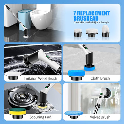 Electric Spin Scrubber, Cordless Power Cleaning Brush with 7 Replaceable Heads, Adjustable Long Handle, & LCD Display, IPX7 Waterproof Shower Scrubber for Bathroom, Tub, Tile, Kitchen & Car