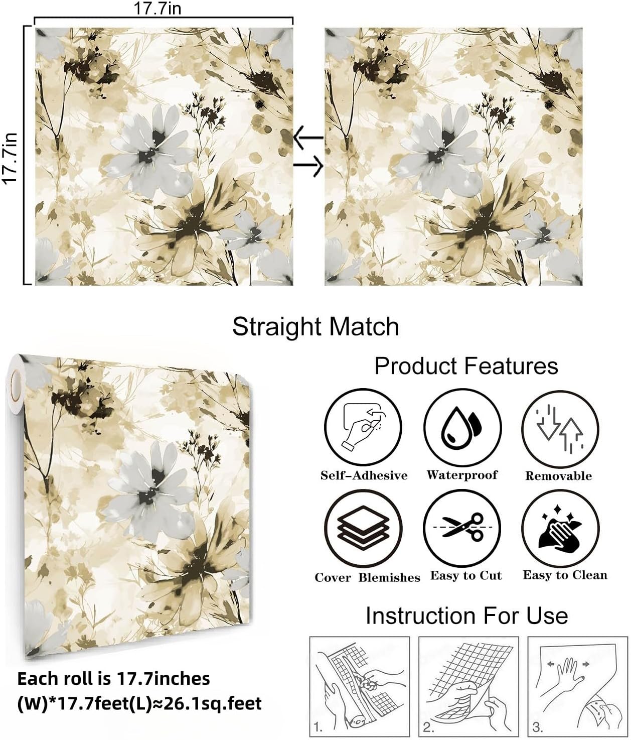 Red Watercolor Floral Peel and Stick Wallpaper Removable Self Adhesive Floral Wall Covering for Living Room Bedroom Accent Wall 17.7 x 70.8 in
