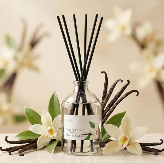 Reed Diffuser Set for Bathroom & Home, Long Lasting Essential Oil Aroma, Glass Bottle Home Fragrance with Sticks, Ideal Gift for Woman, 9.85oz (280ml) (Vanilla Cream)