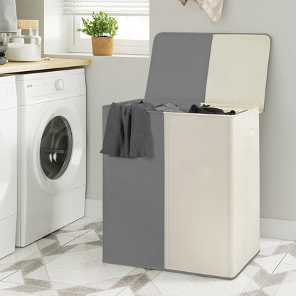 WOWLIVE Double Laundry Baseket with Lid and Removable Laundry Bags,154L Large Laundry Hamper 2 Section Collapsible Dirty Clothes Hamper for Laundry Room,College Dorm,Bathroom,Black and Beige