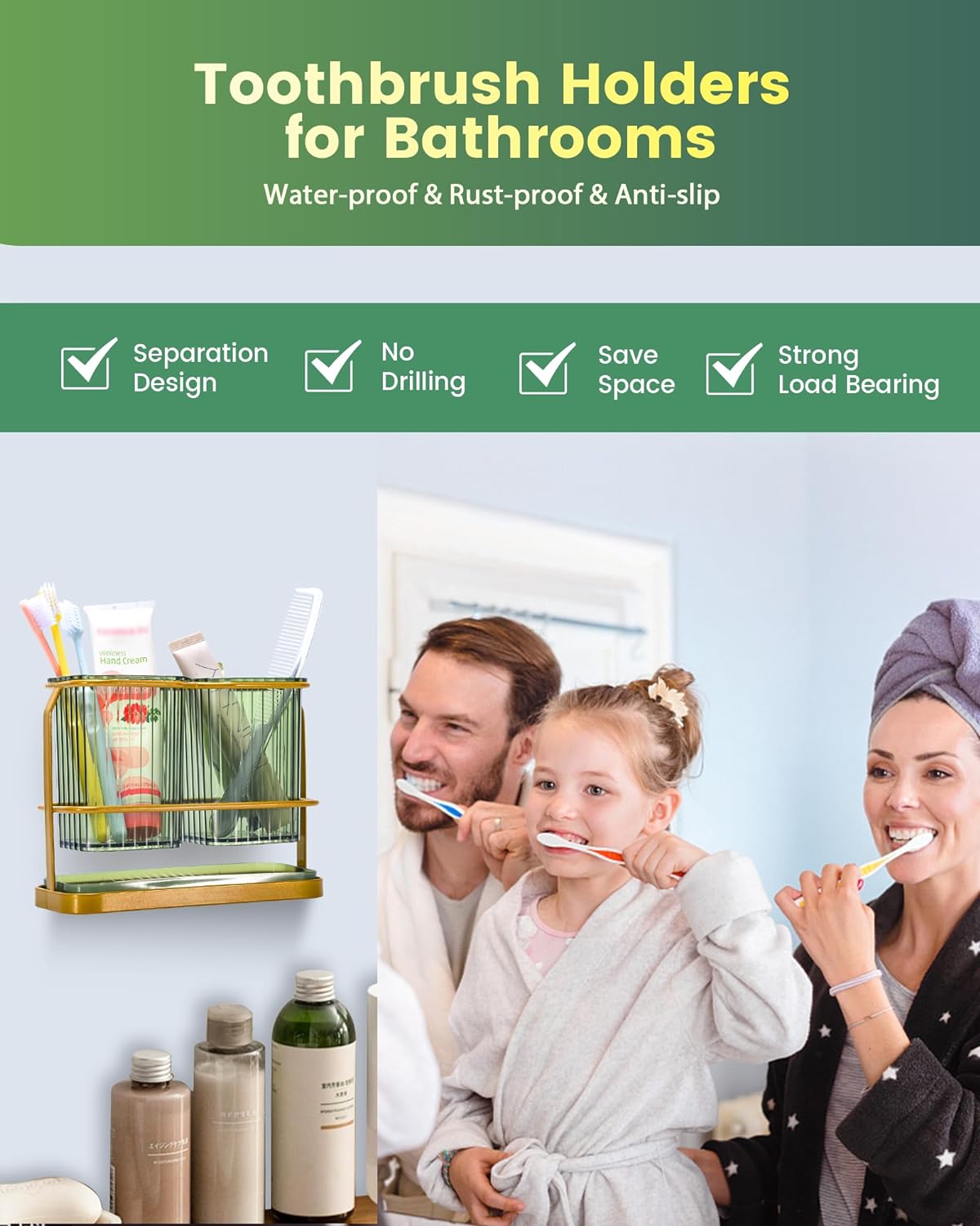 KONE Green Toothbrush Holders for Bathrooms, 2 Cups Toothbrush Holders Wall Mounted, Dry & Wet Separation, Bathroom Organizers and Storage, Bathroom Toothbrush Holder Set for Family Kids
