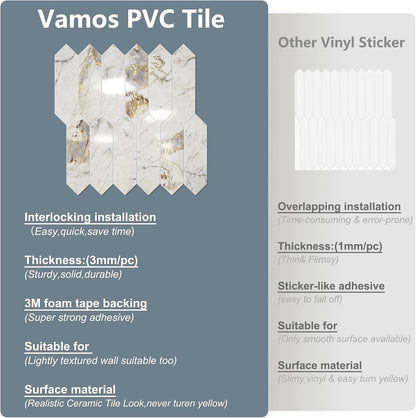 Vamos Tile Glossy Dolomite White Backsplash Tile Peel and Stick, 12.8 x 12.8 Inch 10 Sheets Long Hexagon PVC Self Adhesive Mosaic Wall Tiles Stick on Backsplash for Kitchen and Bathroom