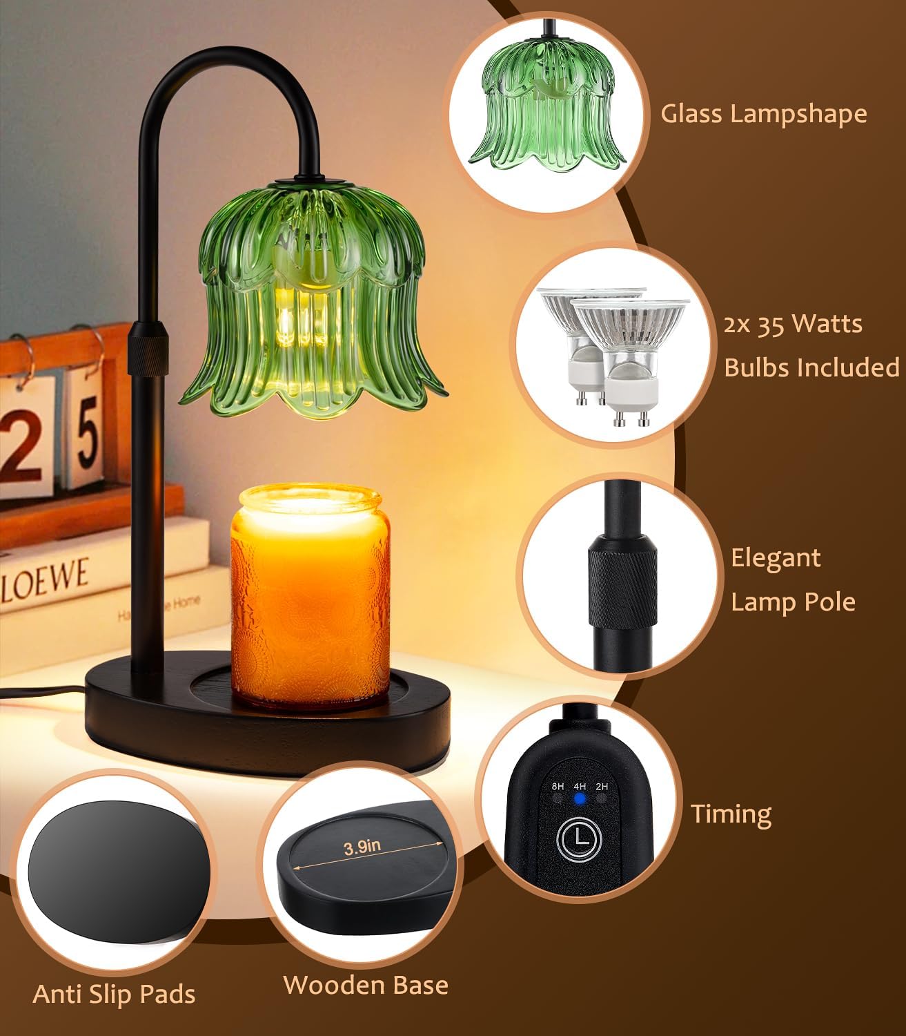 Candle Warmer Lamp with Timer - Electric Candles Wax Warmers Glass Lamps for Jar Candles Burner Adjustable Height and Dimmable Light Modern No Flame Scented Candle Warming Lantern, Amber