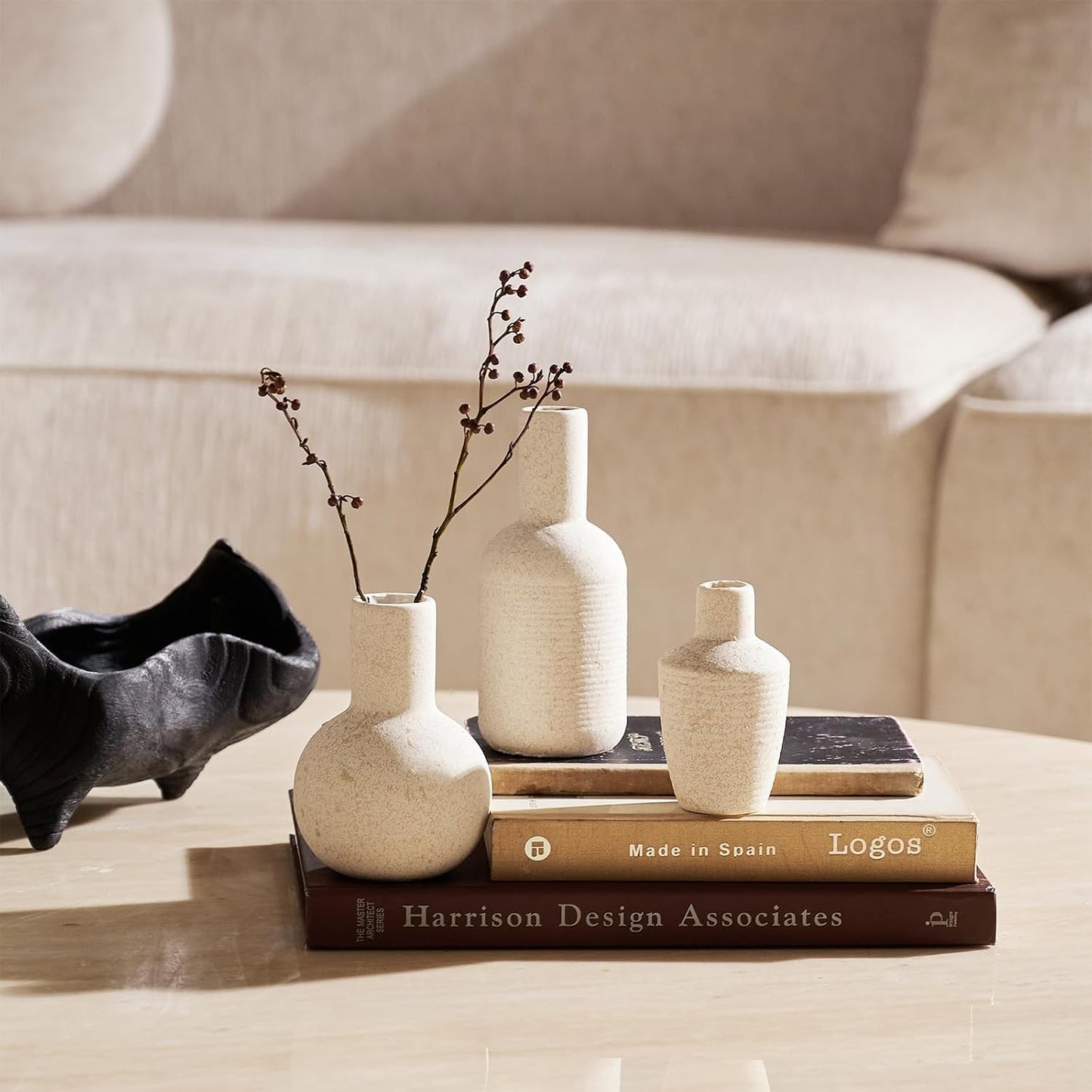 DN DECONATION Flower Vase Set of 3, Small Ceramic Vase Farmhouse Home Decor | Rustic Vases for Pampas Grass Dried Fresh Flowers, Living Room, Kitchen, Bedroom, Bathroom, Mantel Table Decor, Beige & Brown