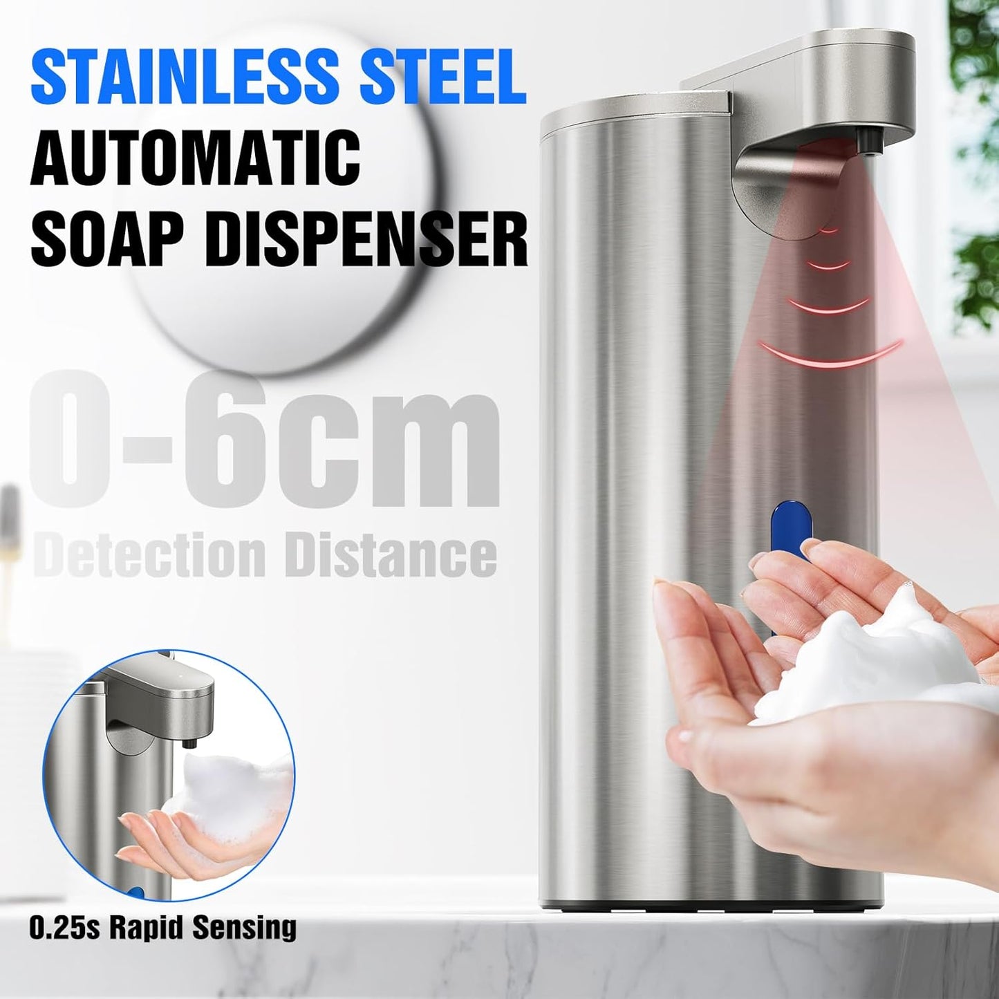 Fantictas Automatic Foaming Soap Dispenser Touchless, Stainless Steel 11.5 oz 3 Levels Adjustable Hand Soap Dispenser with Rechargeable Sensor Pump for Kitchen & Bathroom Liquid Soap