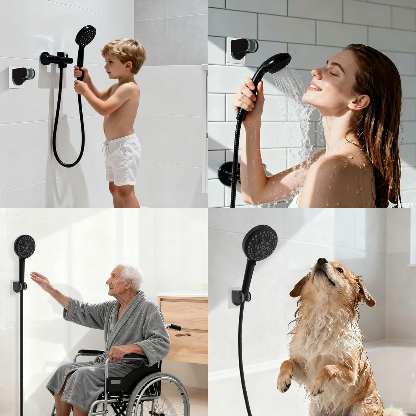 Hibbent Shower Head Holder, Strong Adhesive, Waterproof, Height Adjustable, Wall Mount, No Drilling, Matte Black