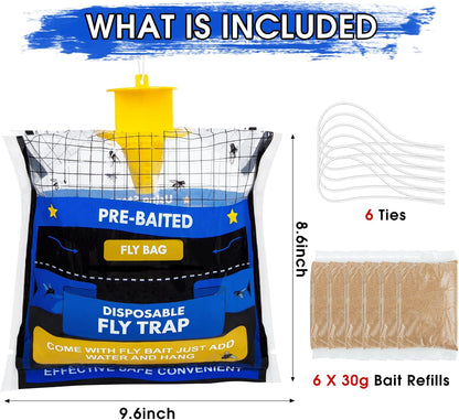 6 Pack Fly Traps Outdoor Hanging for Patio, Outdoor Disposable Hanging Fly Trap with 30g Bait, Bug Fly Hunter Catcher Killer Control for Barn Horse Ranch Chicken Coop