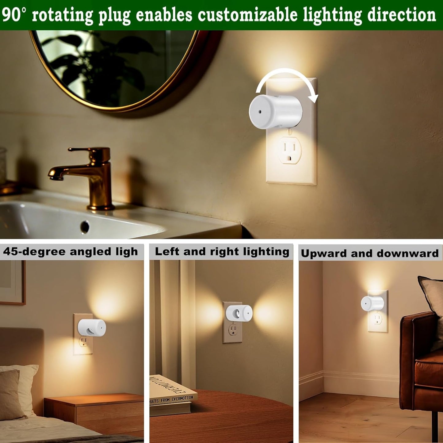GEPLAD 4-Pack Motion Sensor Night Light, Plug into Wall Dusk to Dawn LED Nightlight, Auto On/Off, 3000K Soft White 100 Lumens, Rotatable Plug-in Design for Hallway, Staircase, Bathroom, Corridor