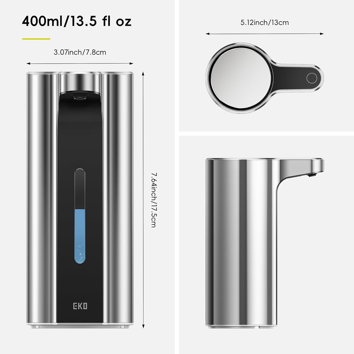 EKO Aroma 9 fl oz Automatic Liquid Soap Dispenser, Rechargeable & Water-Resistant Soap Dispenser for Kitchen and Bathroom with Adjustable Volume Control (Matte Black Steel)